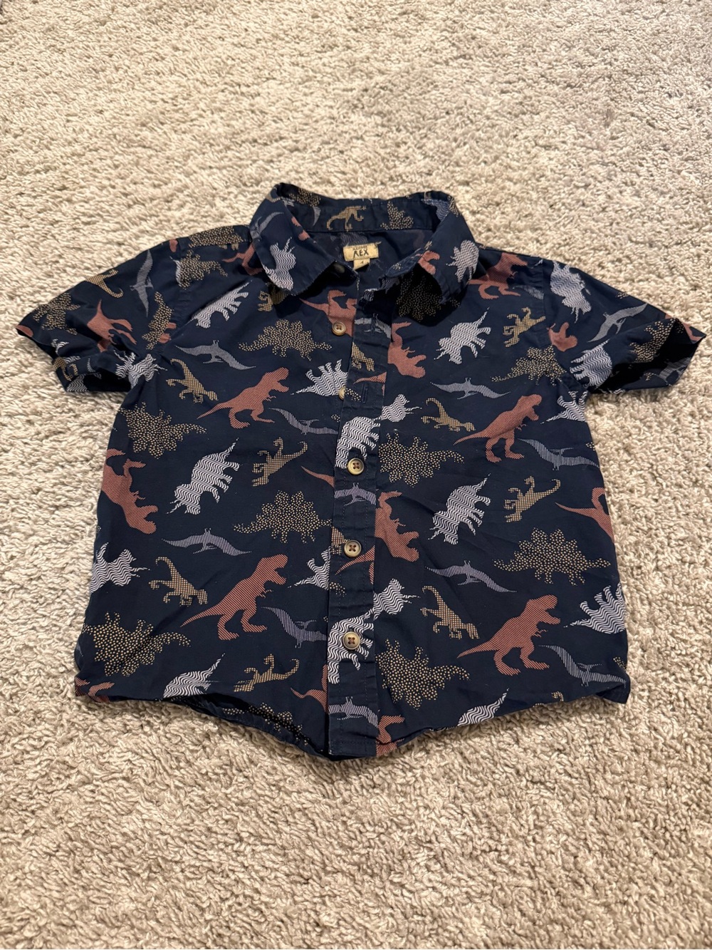 Navy Dino Print Short-Sleeve Button-Down Shirt for Kids